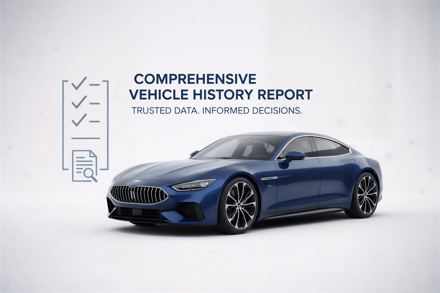 Blue car with 'Comprehensive Vehicle History Report' text on a white background