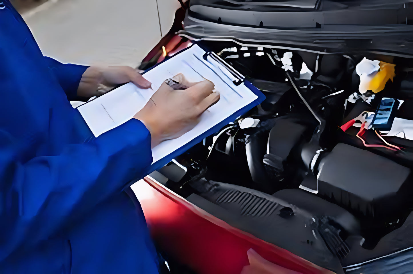 Person in blue shirt taking notes on a clipboard next to an open car hood.