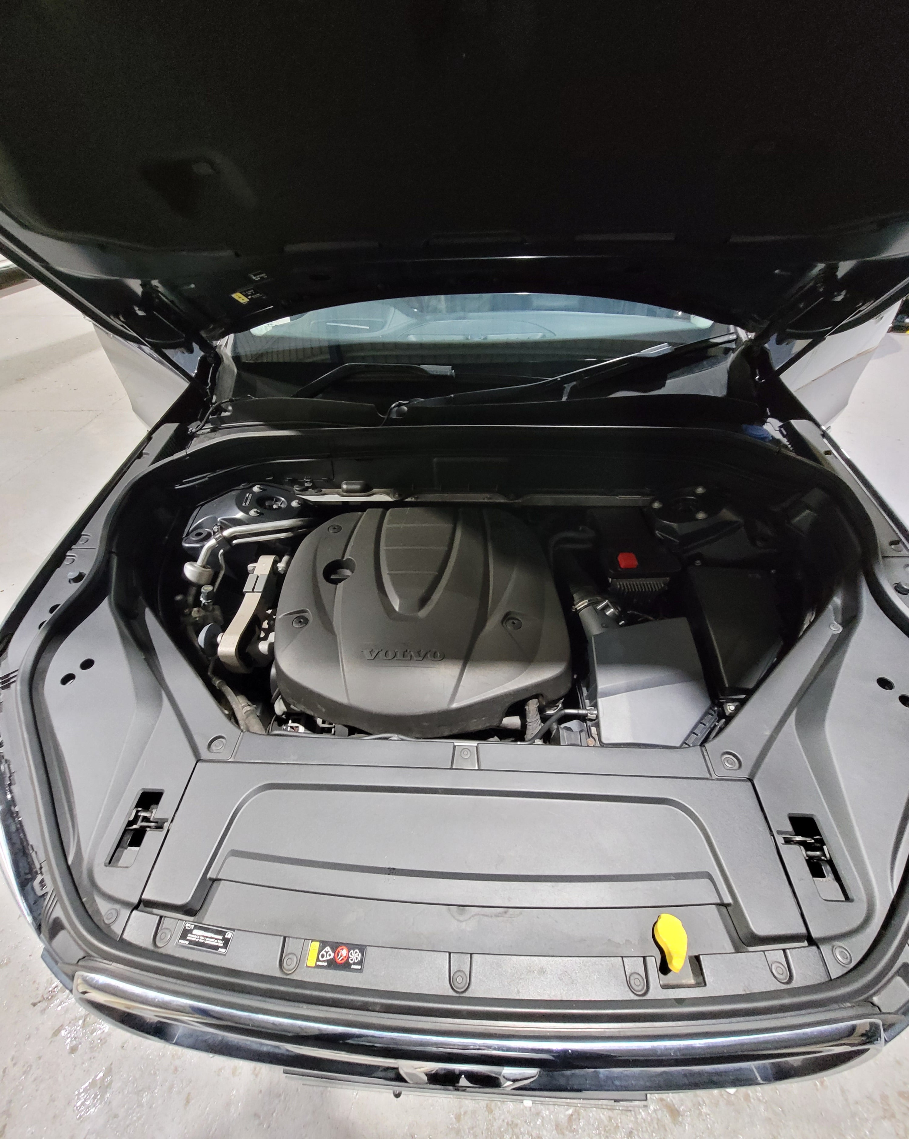 Open car door revealing the engine compartment.