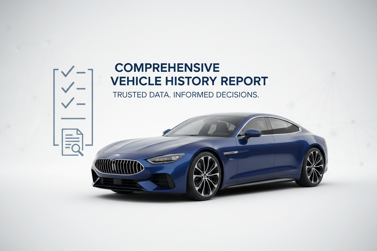 Design a premium product image for ‘Comprehensive Vehicle History Report’ showing a sleek car, a checklist, and a document icon. Clean, trustworthy, data-driven style.make sure it is simple,clean and mordern.make it 10/10