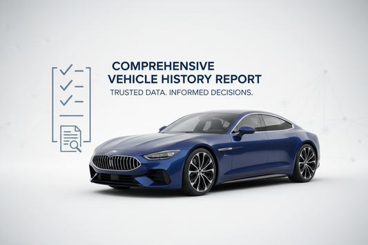 Design a premium product image for ‘Comprehensive Vehicle History Report’ showing a sleek car, a checklist, and a document icon. Clean, trustworthy, data-driven style.make sure it is simple,clean and mordern.make it 10/10