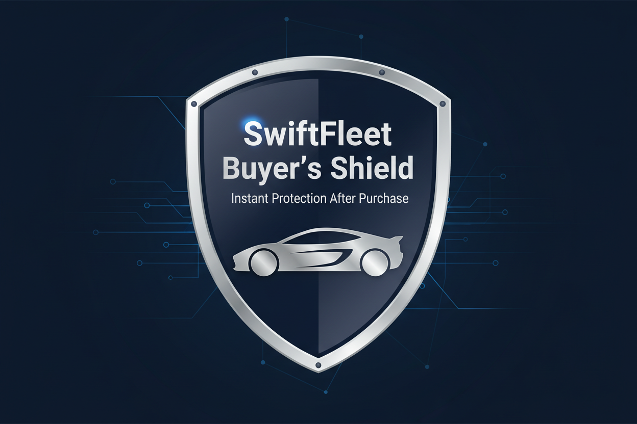 “Design a sleek, professional, and modern product cover image for SwiftFleet Buyer’s Shield. The theme should evoke trust, security, and premium vehicle protection. Use a deep navy blue and electric silver color scheme with bold accents. Include a visual shield emblem overlaying a stylized car silhouette to represent post-purchase protection. Add the title in bold, clean typography: ‘SwiftFleet Buyer’s Shield’ with the subtitle: ‘Instant Protection After Purchase’. Make it sharp, mobile-optimized, and ecomm