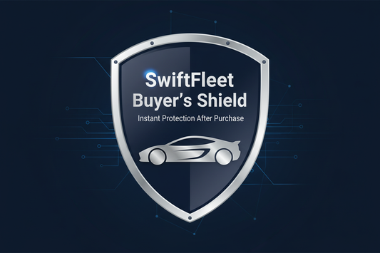 “Design a sleek, professional, and modern product cover image for SwiftFleet Buyer’s Shield. The theme should evoke trust, security, and premium vehicle protection. Use a deep navy blue and electric silver color scheme with bold accents. Include a visual shield emblem overlaying a stylized car silhouette to represent post-purchase protection. Add the title in bold, clean typography: ‘SwiftFleet Buyer’s Shield’ with the subtitle: ‘Instant Protection After Purchase’. Make it sharp, mobile-optimized, and ecomm